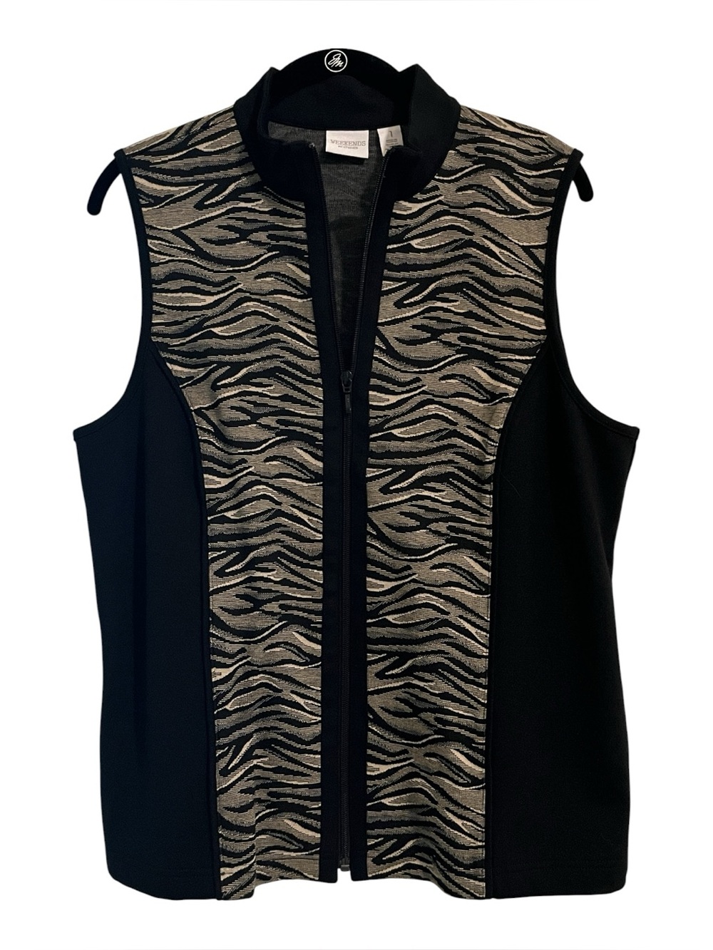 Chico’s Black & Taupe Animal-Print  Zip Front Vest Size 1 (Medium)